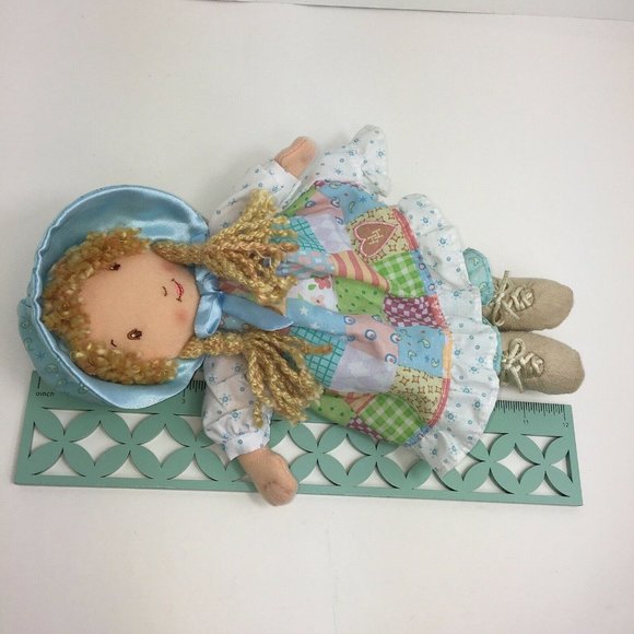 Learning Curve Plush Holly Hobbie Doll Rattle 12" Blue Patchwork Dress Blonde - Picture 8 of 12